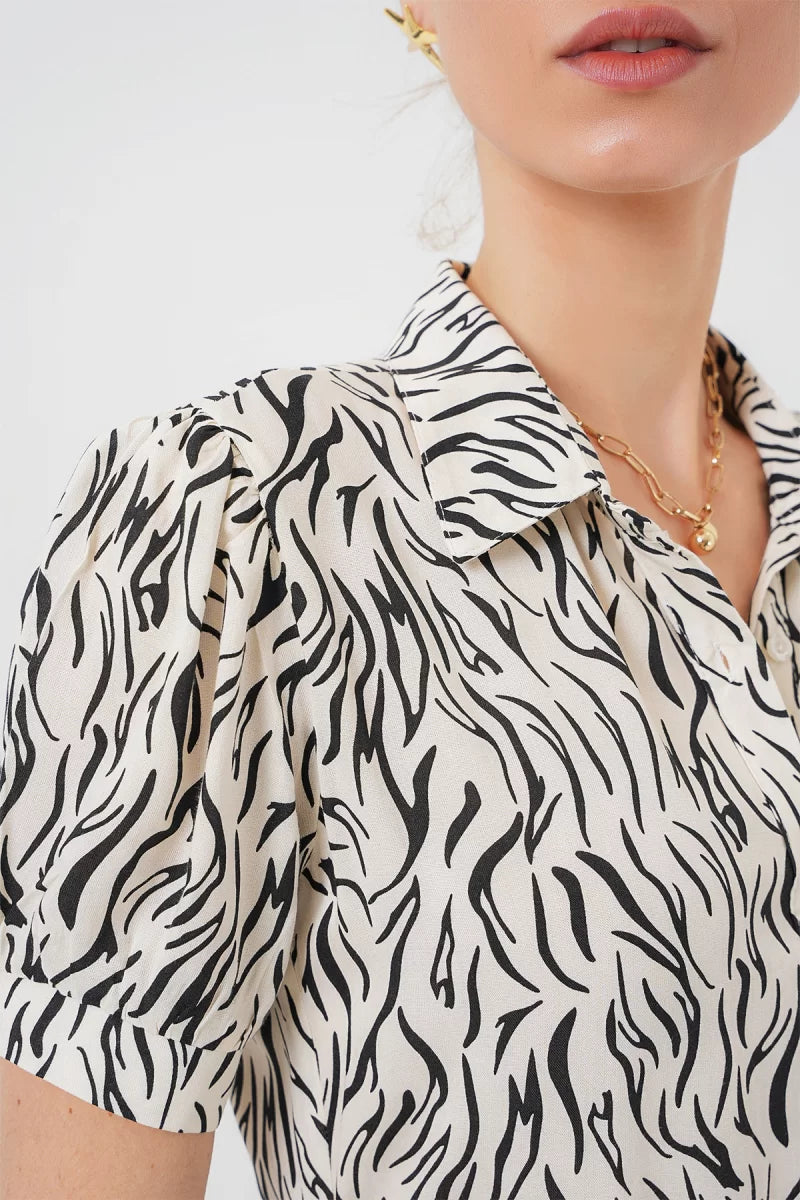 Kadın Gömlek Yaka Kuşaklı Kısa Kol Zebra Desenli Viskon Elbise