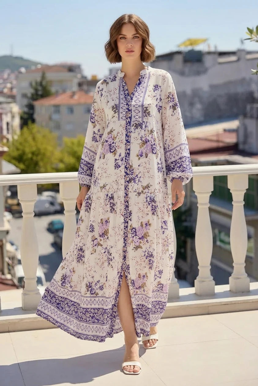 Kadın V Yaka Beli Büzgülü Çiçek Desenli Viskon Tesettür Elbise – Renk Seçenekleri 1