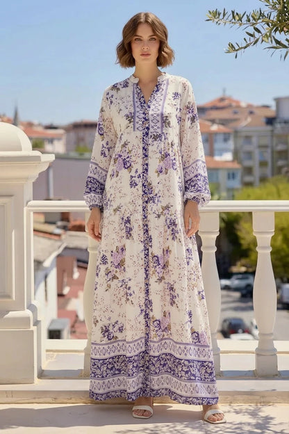 Kadın V Yaka Beli Büzgülü Çiçek Desenli Viskon Tesettür Elbise – Renk Seçenekleri 1