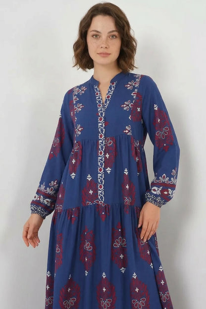 Kadın V Yaka Beli Büzgülü Uzun Kol Otantik Desenli Viskon Tesettür Elbise
