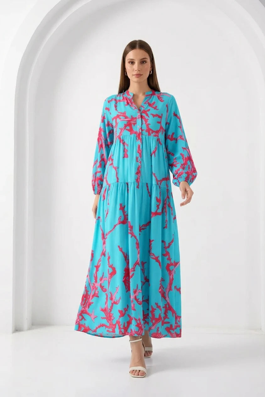 Kadın Gömlek Yaka Beli Büzgülü Otantik Desenli Viskon Buz Mavisi Tesettür Elbise