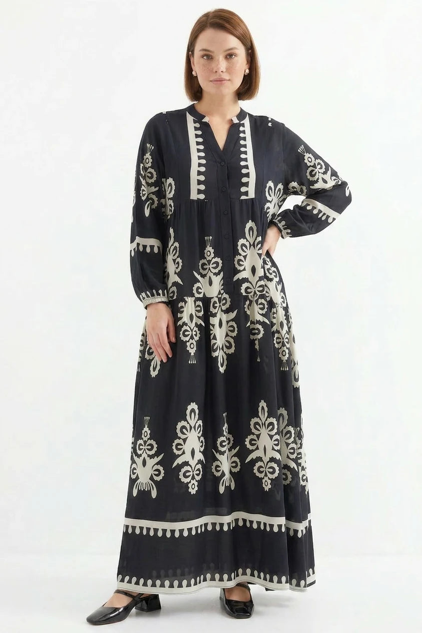 Kadın V Yaka Otantik Desenli Viskon Siyah Tesettür Elbise