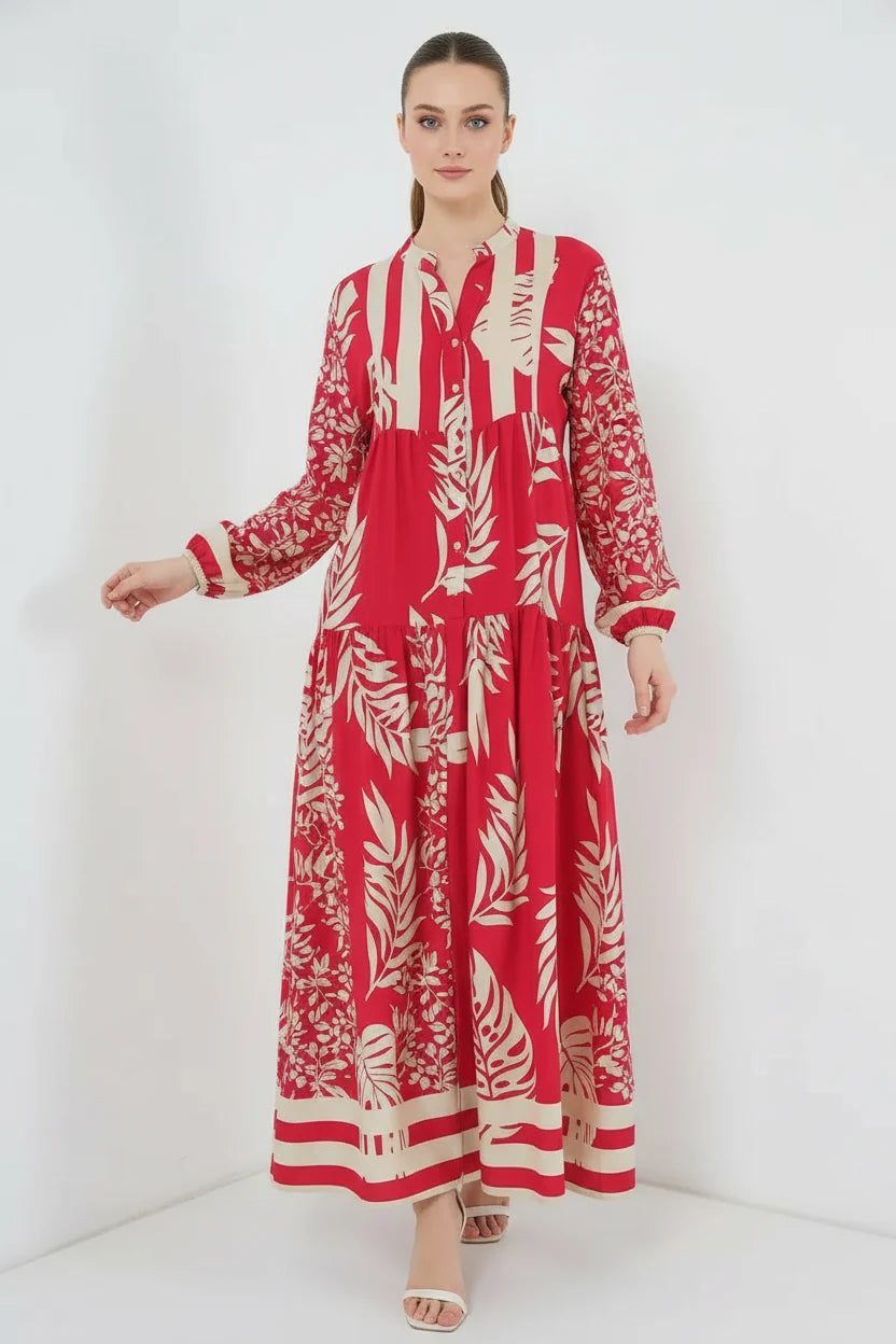 Kadın Hakim Yaka Beli Büzgülü Çiçek Desenli Çizgili Viskon Kırmızı Tesettür Elbise