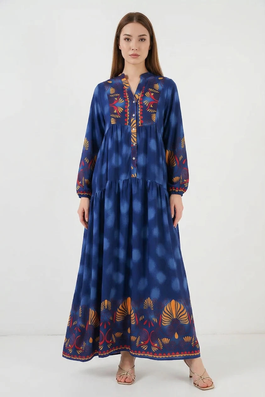 Kadın Yuvarlak Yaka Beli Büzgülü Uzun Kol Katmanlı Etek Otantik Desenli Viskon Lacivert Tesettür Elbise