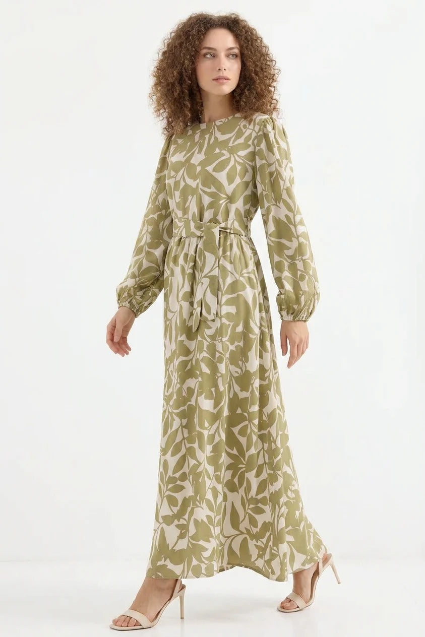 Kadın Yuvarlak Yaka Kuşaklı Balon Kol Çiçek Desenli Yağ Yeşil Tesettür Elbise