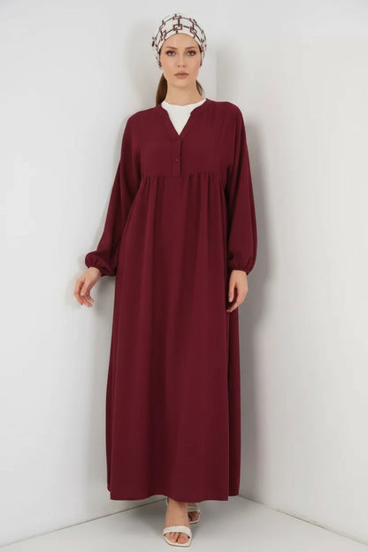 Kadın V Yaka Beli Büzgülü Bordo Tesettür Elbise