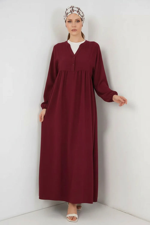 Kadın V Yaka Beli Büzgülü Bordo Tesettür Elbise