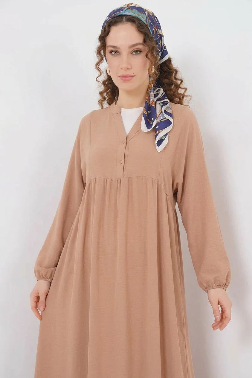 Kadın V Yaka Beli Büzgülü Uzun Kol Tesettür Elbise