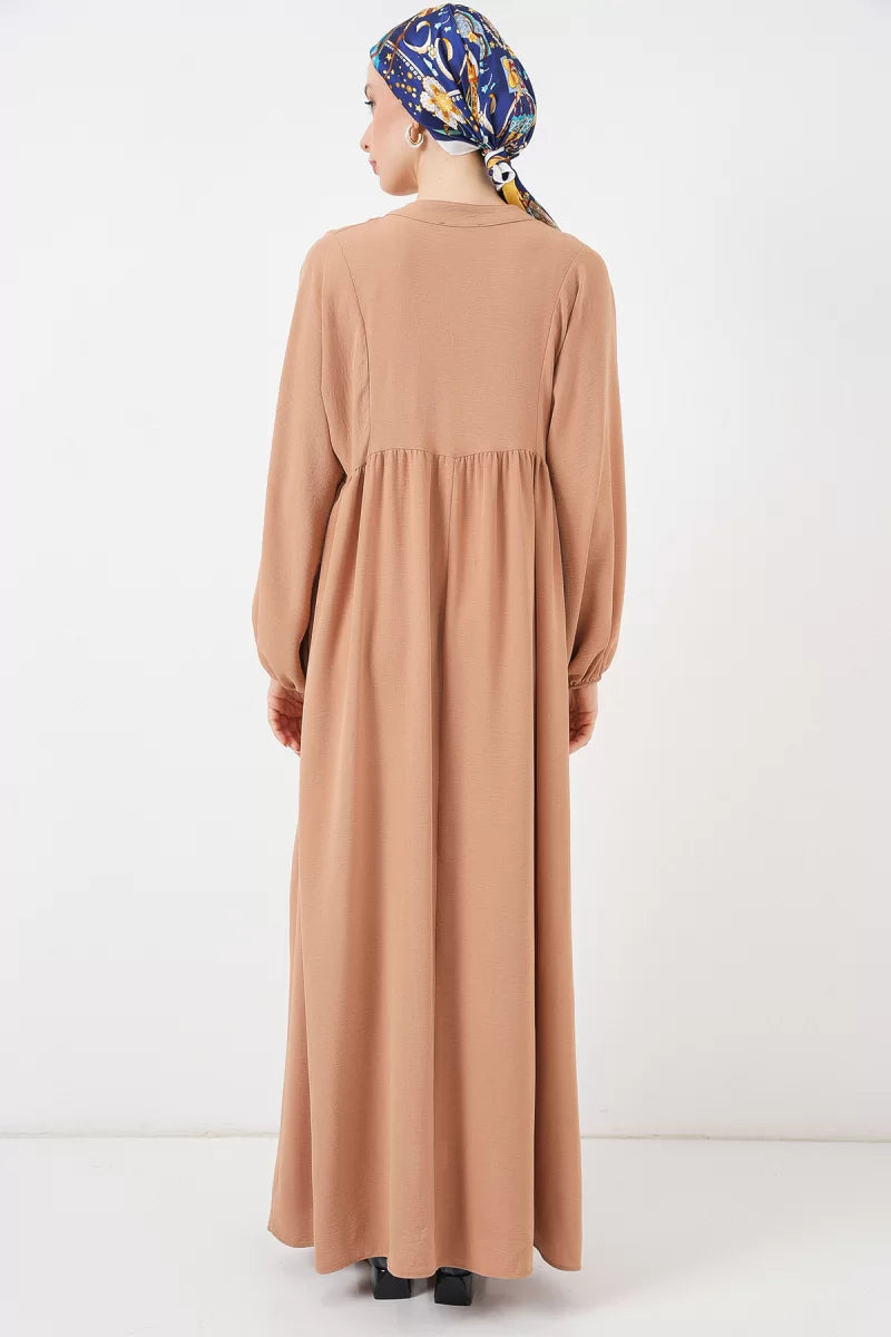 Kadın V Yaka Beli Büzgülü Uzun Kol Tesettür Elbise