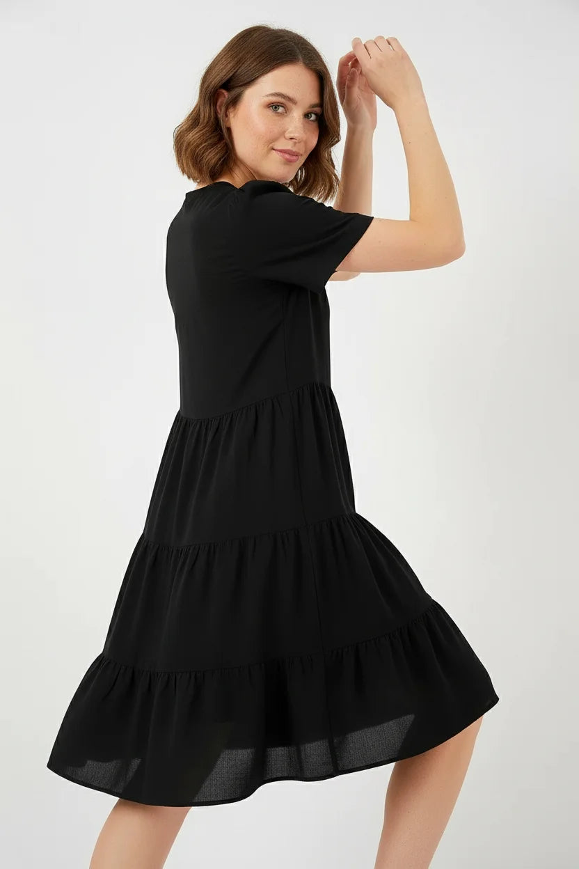 Kadın Yuvarlak Yaka Beli Büzgülü Kısa Kol Viskon Elbise