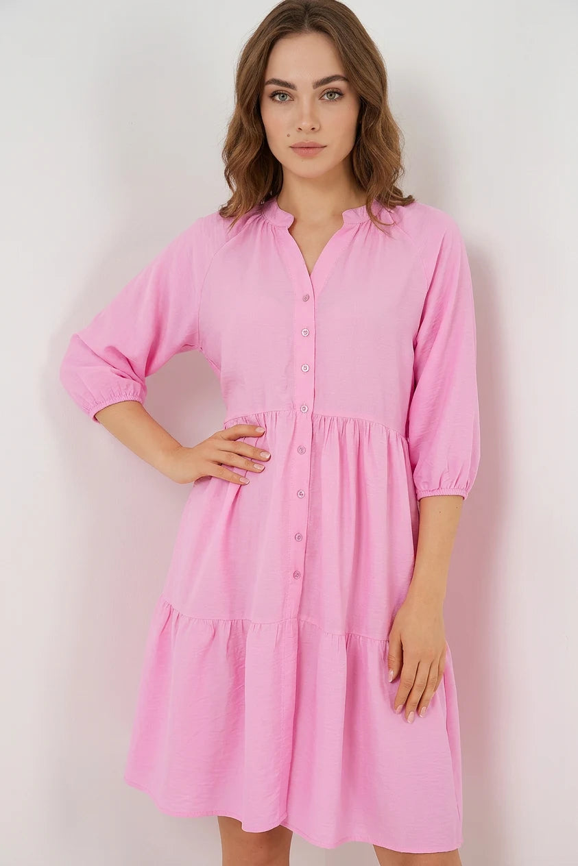 Kadın Yuvarlak Yaka Beli Büzgülü Kısa Kol Fırfırlı Etek Düğmeli Viskon Pembe Elbise