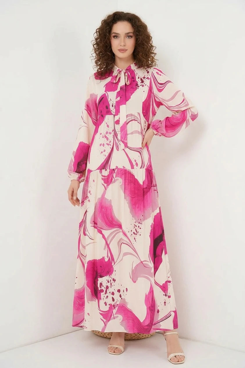 Kadın Gömlek Yaka Belden Büzgülü Otantik Desenli Viskon Tesettür Elbise