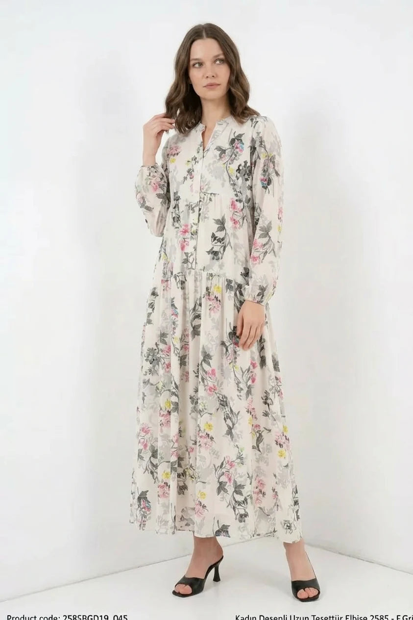 Kadın Gömlek Yaka Çiçek Desenli Viskon Tesettür Elbise