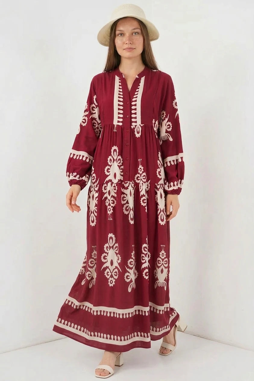 Kadın Yuvarlak Yaka Beli Büzgülü Uzun Kol Otantik Desenli Viskon Tesettür Elbise