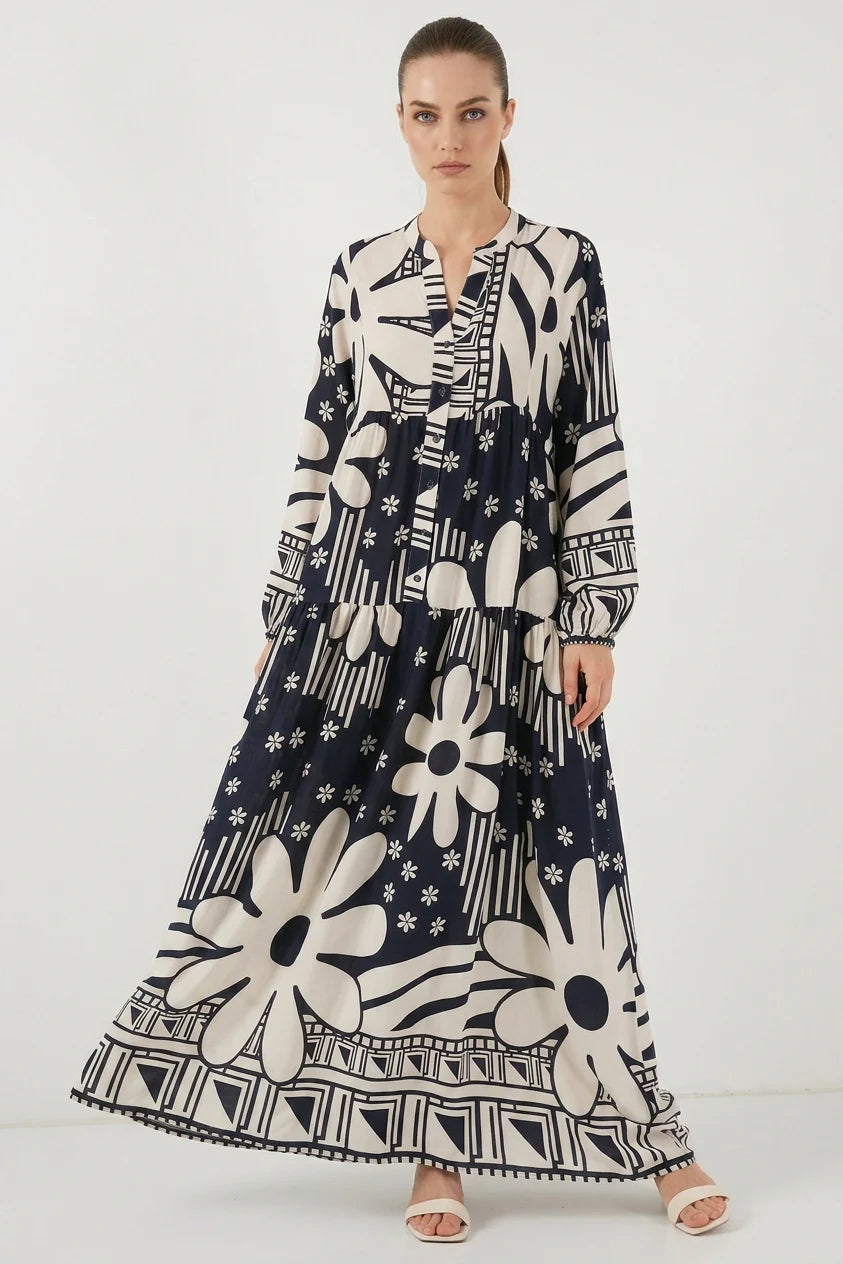 Kadın Gömlek Yaka Çiçek Desenli Viskon Tesettür Elbise