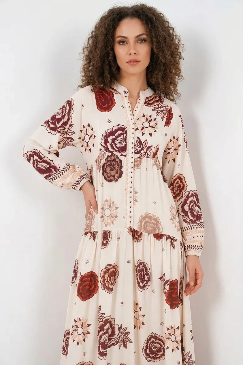 Kadın Gömlek Yaka Beli Büzgülü Çiçek Desenli Viskon Tesettür Elbise – Renk Seçenekleri 2