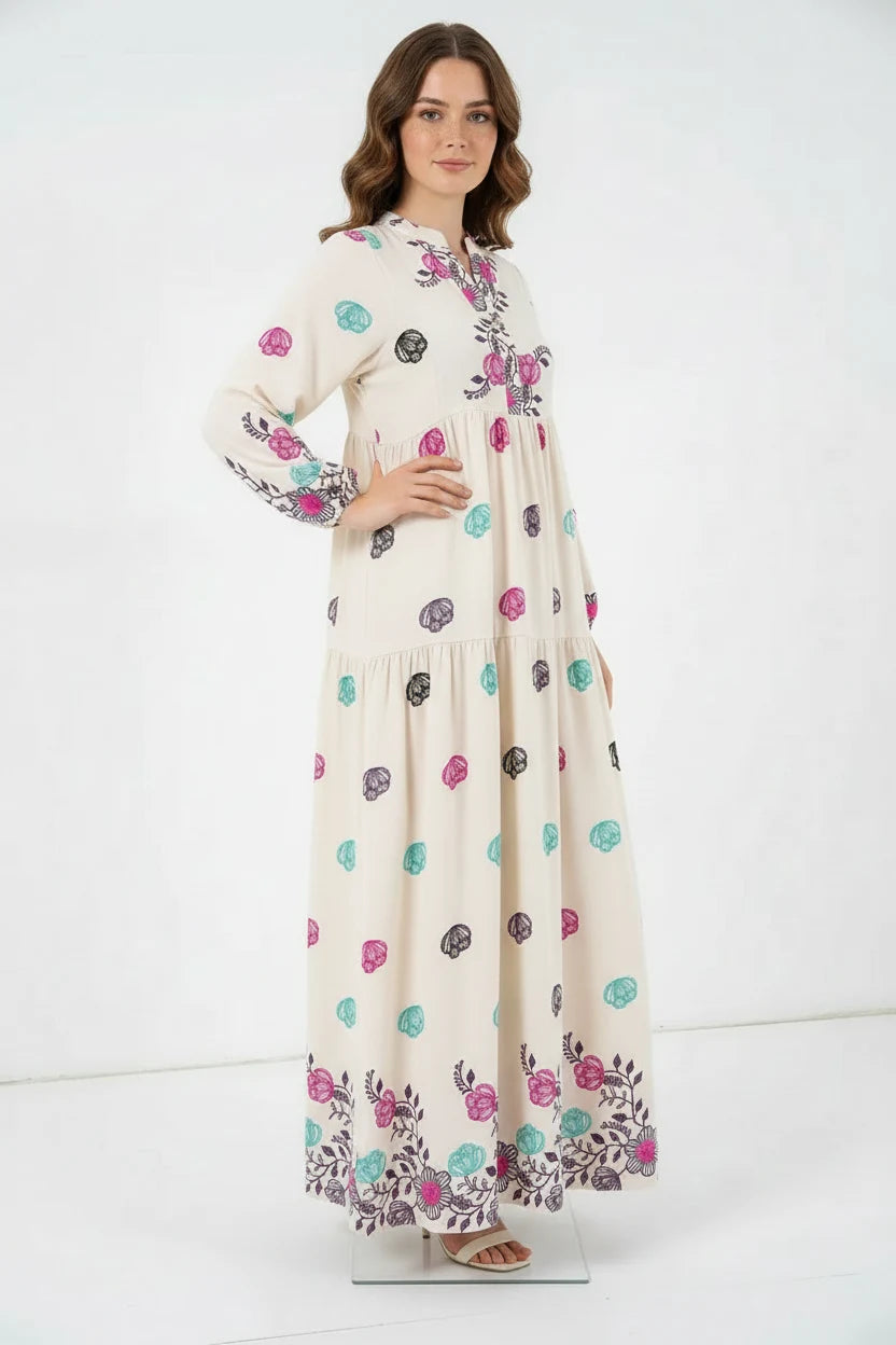 Kadın Hakim Yaka Belden Büzgülü Çiçek Desenli Viskon Tesettür Elbise