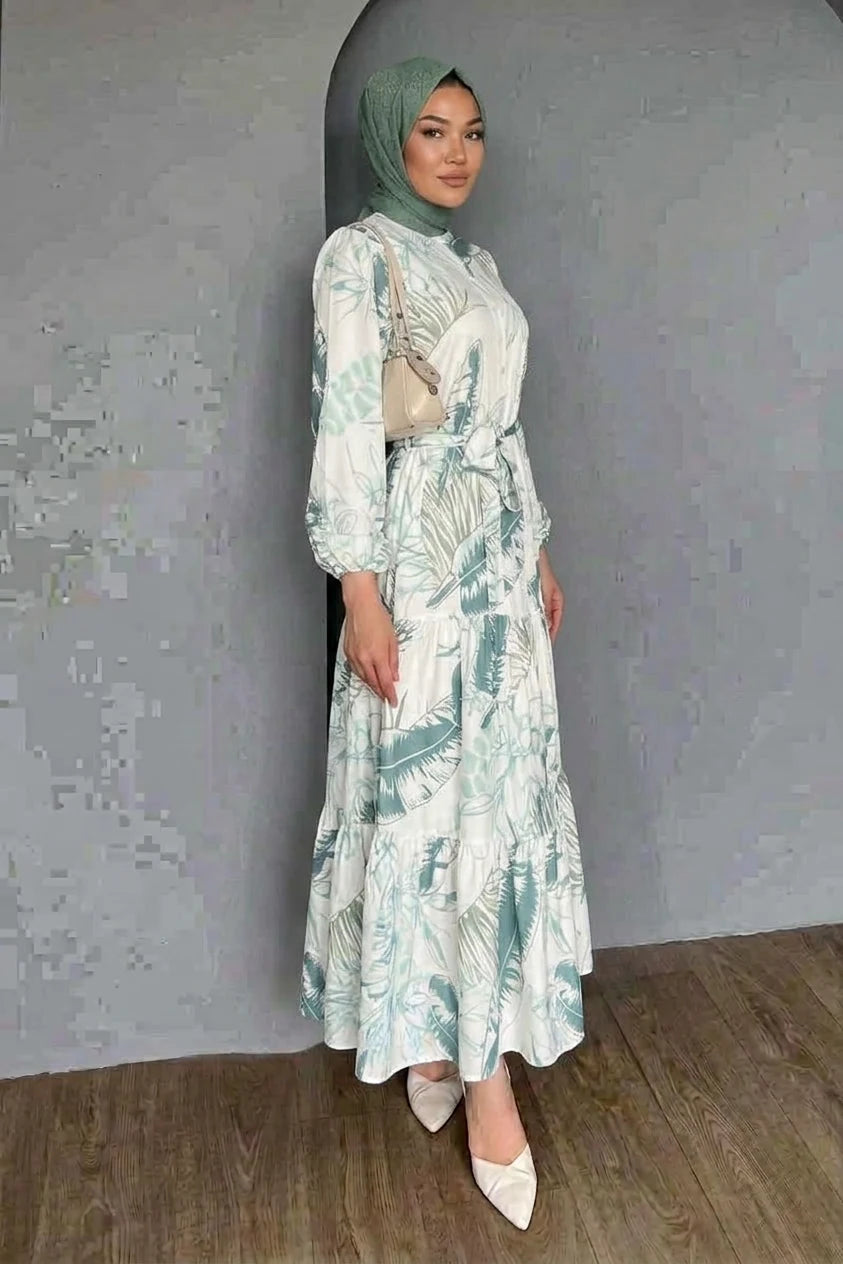 Kadın Gömlek Yaka Kuşaklı Fırfırlı Etek Çiçek Desenli Pamuklu Çağla Yeşili Tesettür Elbise