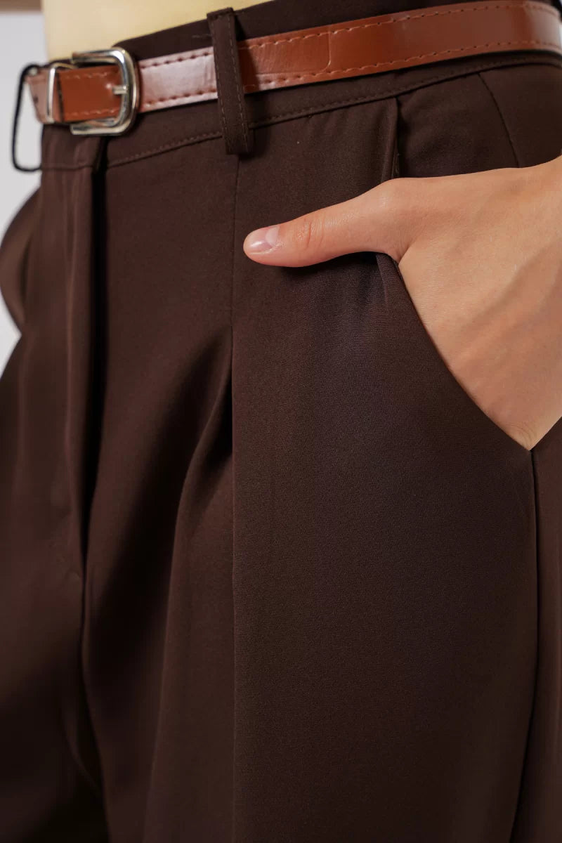 Kadın Yüksek Bel Kemerli Palazzo Bol Paça Pantolon