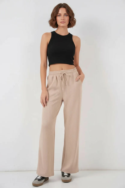 Kadın Beli İpli Fitilli Bej Pantolon