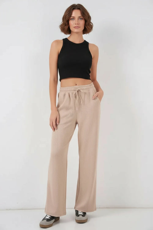 Kadın Beli İpli Fitilli Bej Pantolon