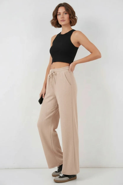 Kadın Beli İpli Fitilli Bej Pantolon