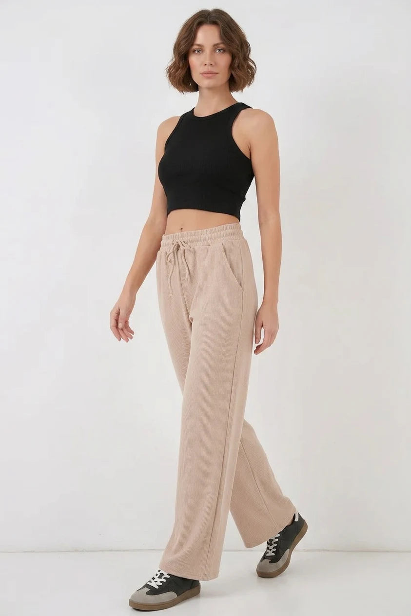 Kadın Beli İpli Fitilli Bej Pantolon