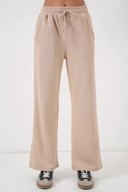 Kadın Beli İpli Fitilli Bej Pantolon