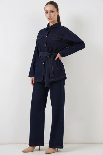 Kadın Gömlek Yaka Kuşaklı Pamuklu Lacivert İkili Takım
