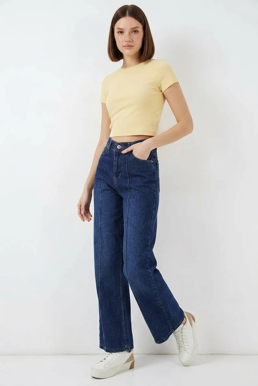 Kadın Yüksek Bel Dikiş Detaylı Kot Lacivert Pantolon