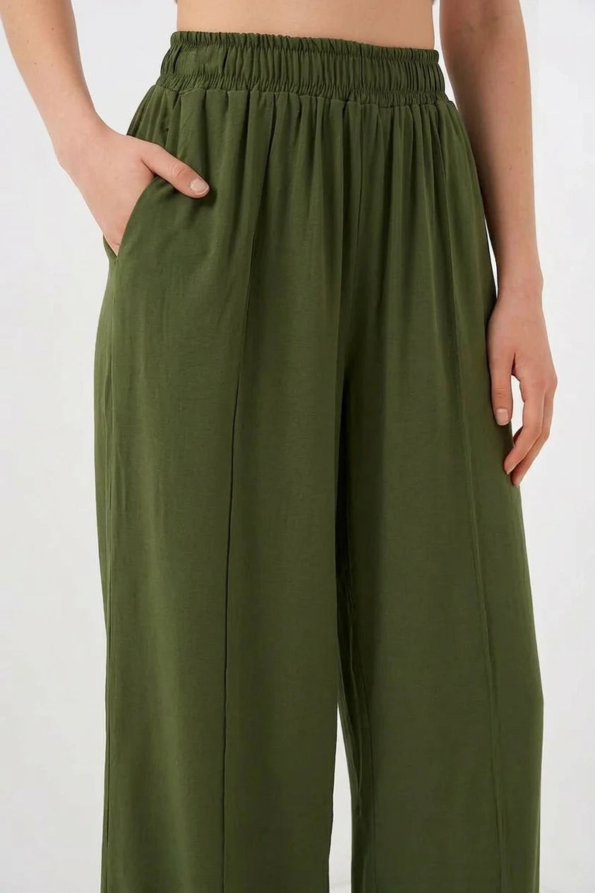 Kadın Beli Lastikli Bol Paça Haki Palazzo Pantolon