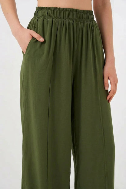 Kadın Beli Lastikli Bol Paça Haki Palazzo Pantolon