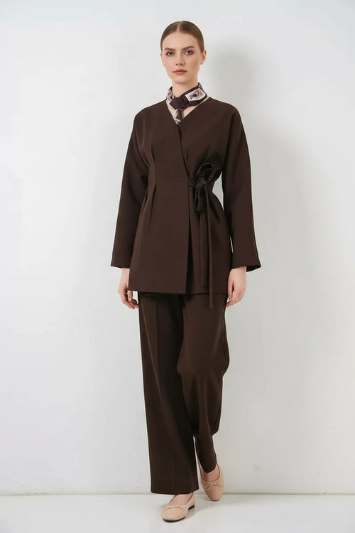 Kadın V Yaka Normal Yandan Bağlamalı Kahverengi İkili Takım