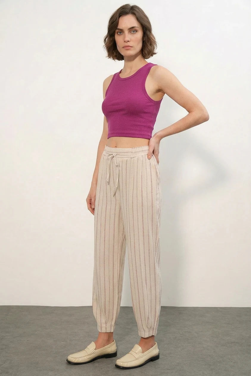 Kadın Beli İpli Çizgili Keten Fuşya Pantolon