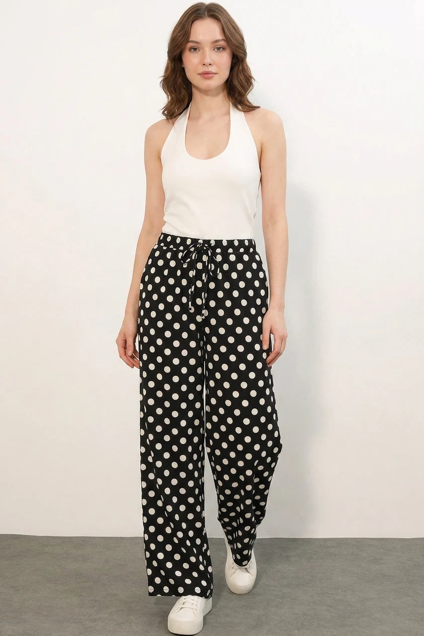 Kadın Beli Bağcıklı Puantiyeli Bol Paça Siyah Palazzo Pantolon