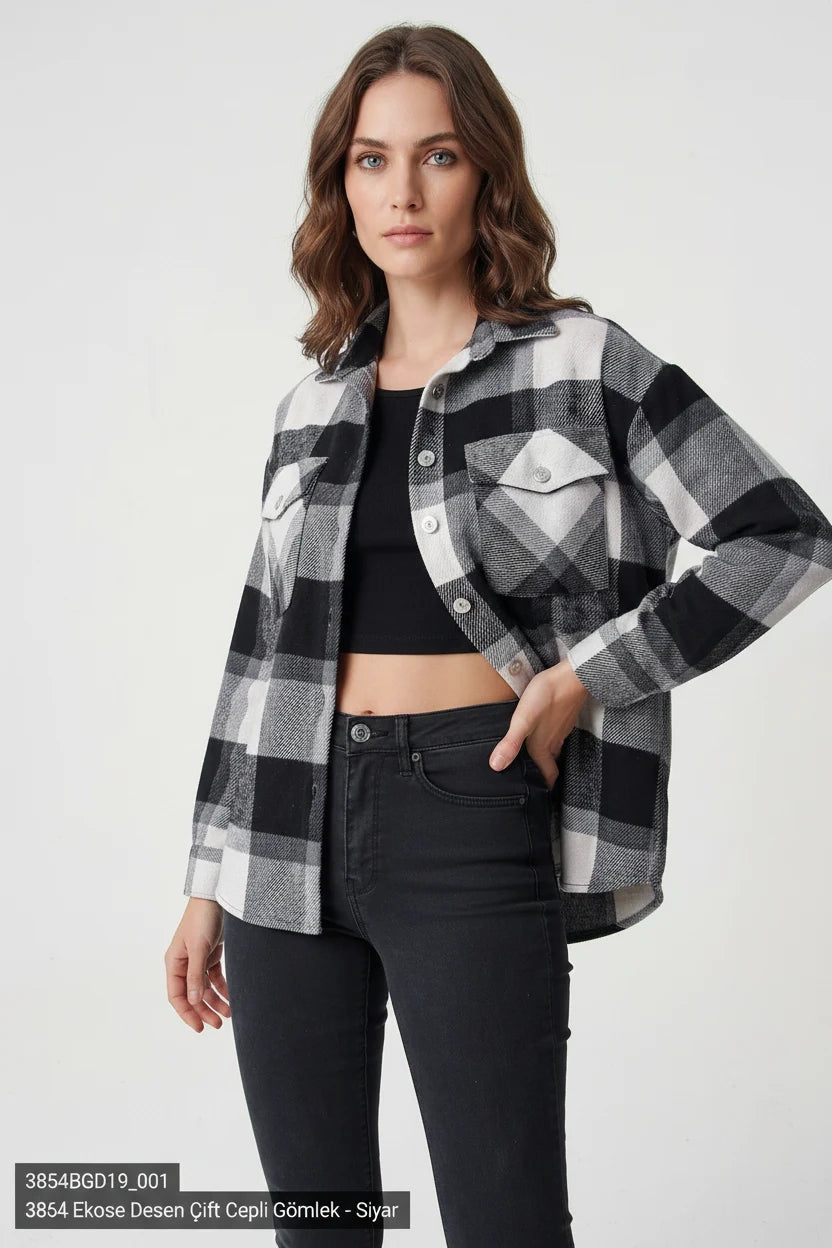 Kadın Çift Cepli Oversize Ekose Desenli Pamuklu Siyah Gömlek