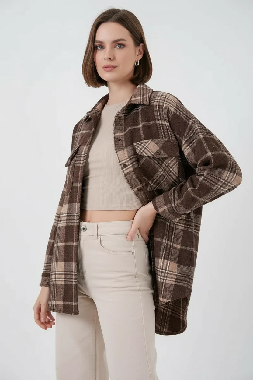 Kadın Oversize Ekose Desenli Pamuklu Gömlek