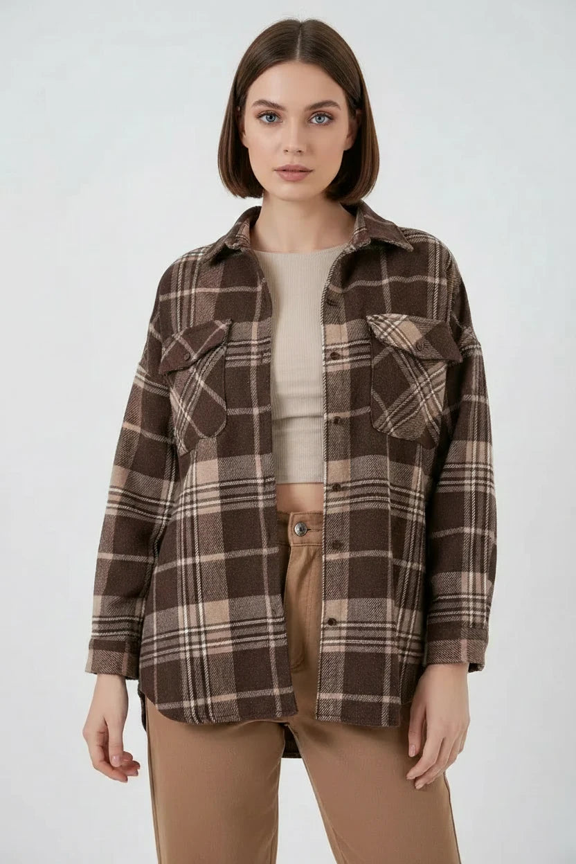 Kadın Oversize Ekose Desenli Pamuklu Gömlek