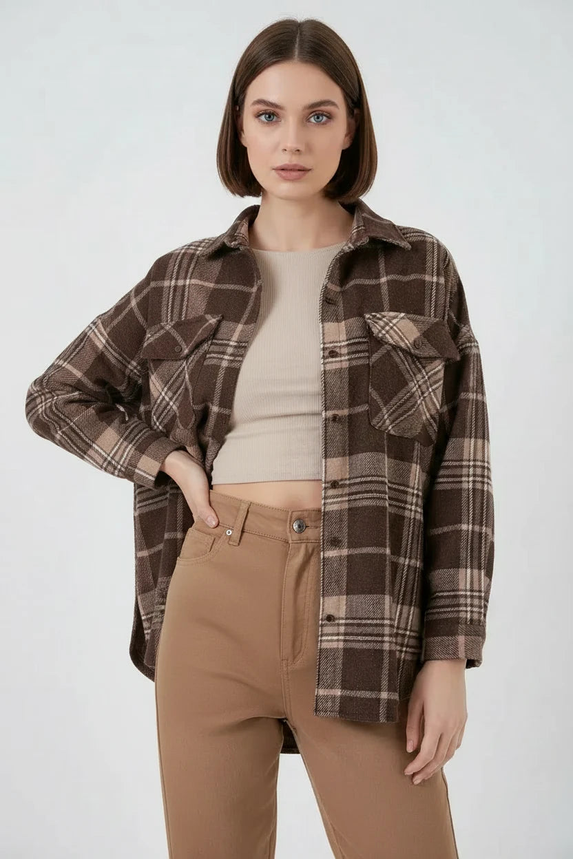 Kadın Oversize Ekose Desenli Pamuklu Gömlek