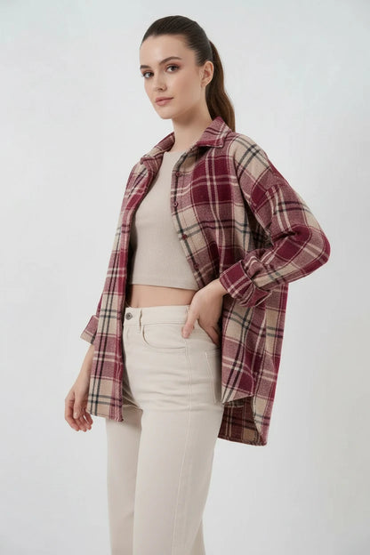 Kadın Oversize Ekose Desenli Pamuklu Gömlek