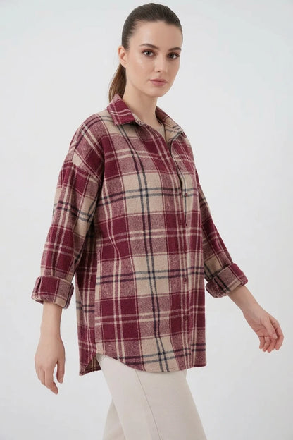 Kadın Oversize Ekose Desenli Pamuklu Gömlek