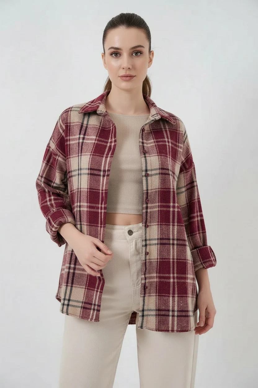Kadın Oversize Ekose Desenli Pamuklu Gömlek