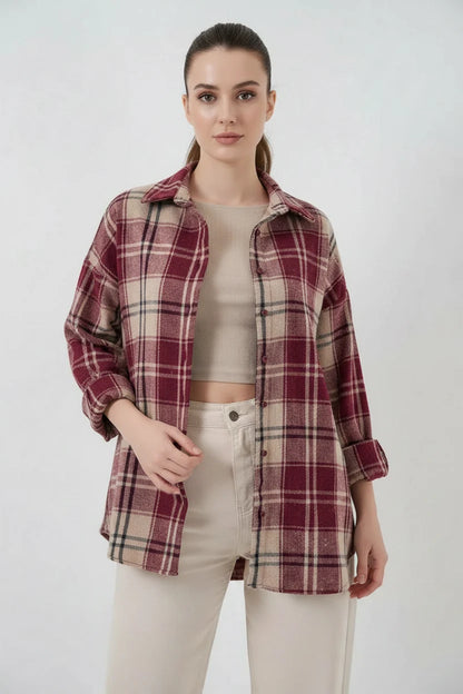 Kadın Oversize Ekose Desenli Pamuklu Gömlek