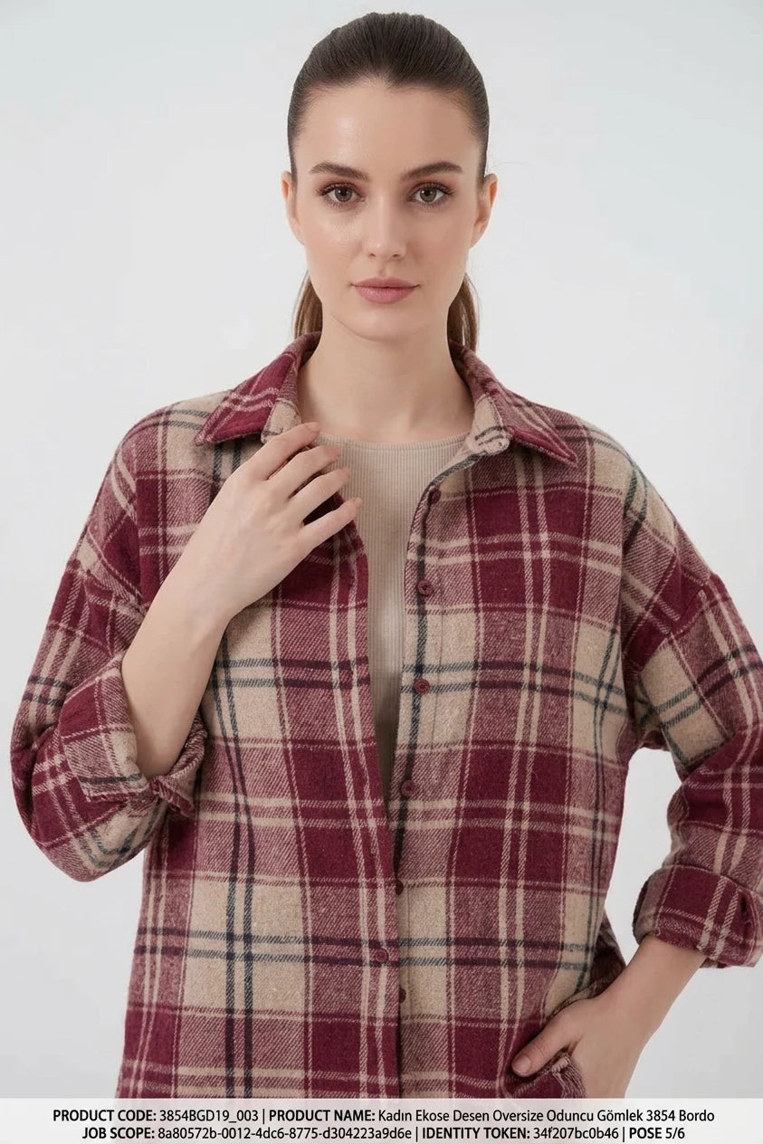 Kadın Oversize Ekose Desenli Pamuklu Gömlek