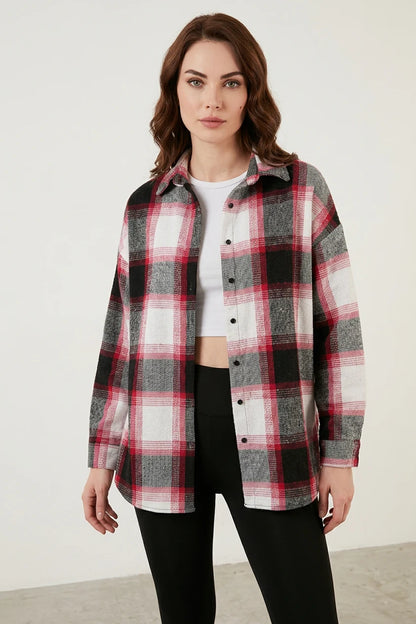 Kadın Oversize Ekose Desenli Pamuklu Gömlek
