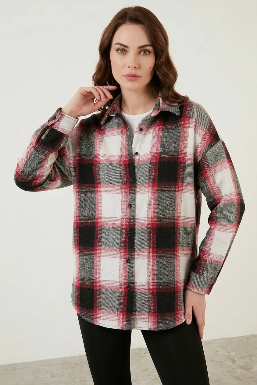 Kadın Oversize Ekose Desenli Pamuklu Gömlek