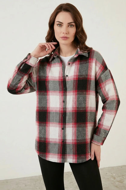 Kadın Oversize Ekose Desenli Pamuklu Gömlek