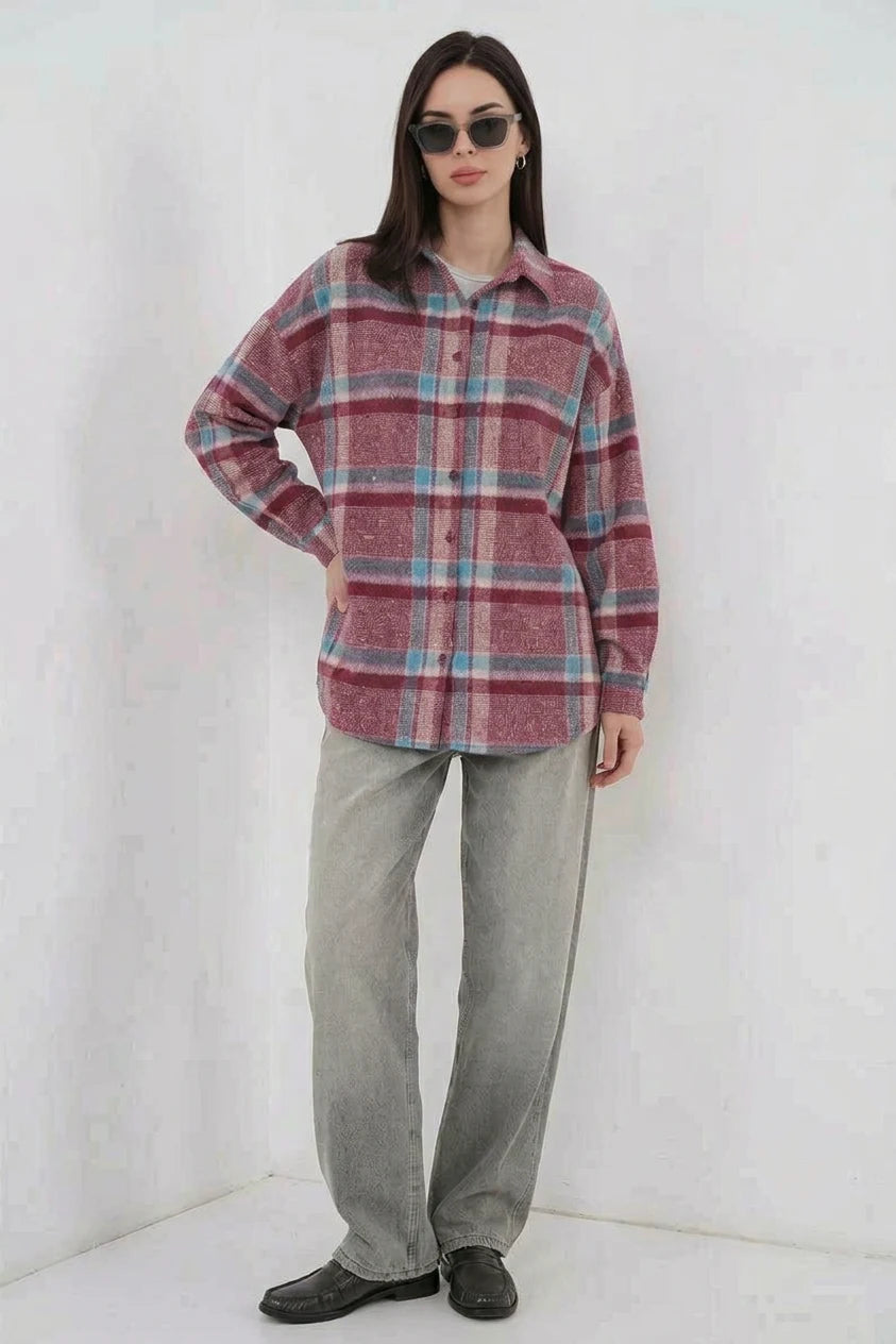 Kadın Oversize Ekose Desenli Pamuklu Gömlek