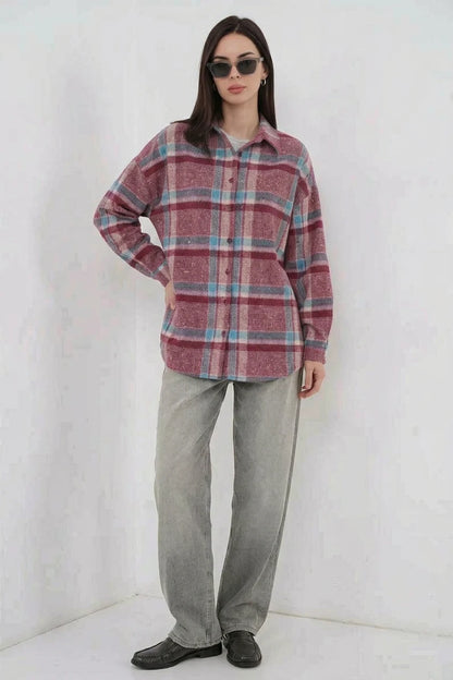 Kadın Oversize Ekose Desenli Pamuklu Gömlek