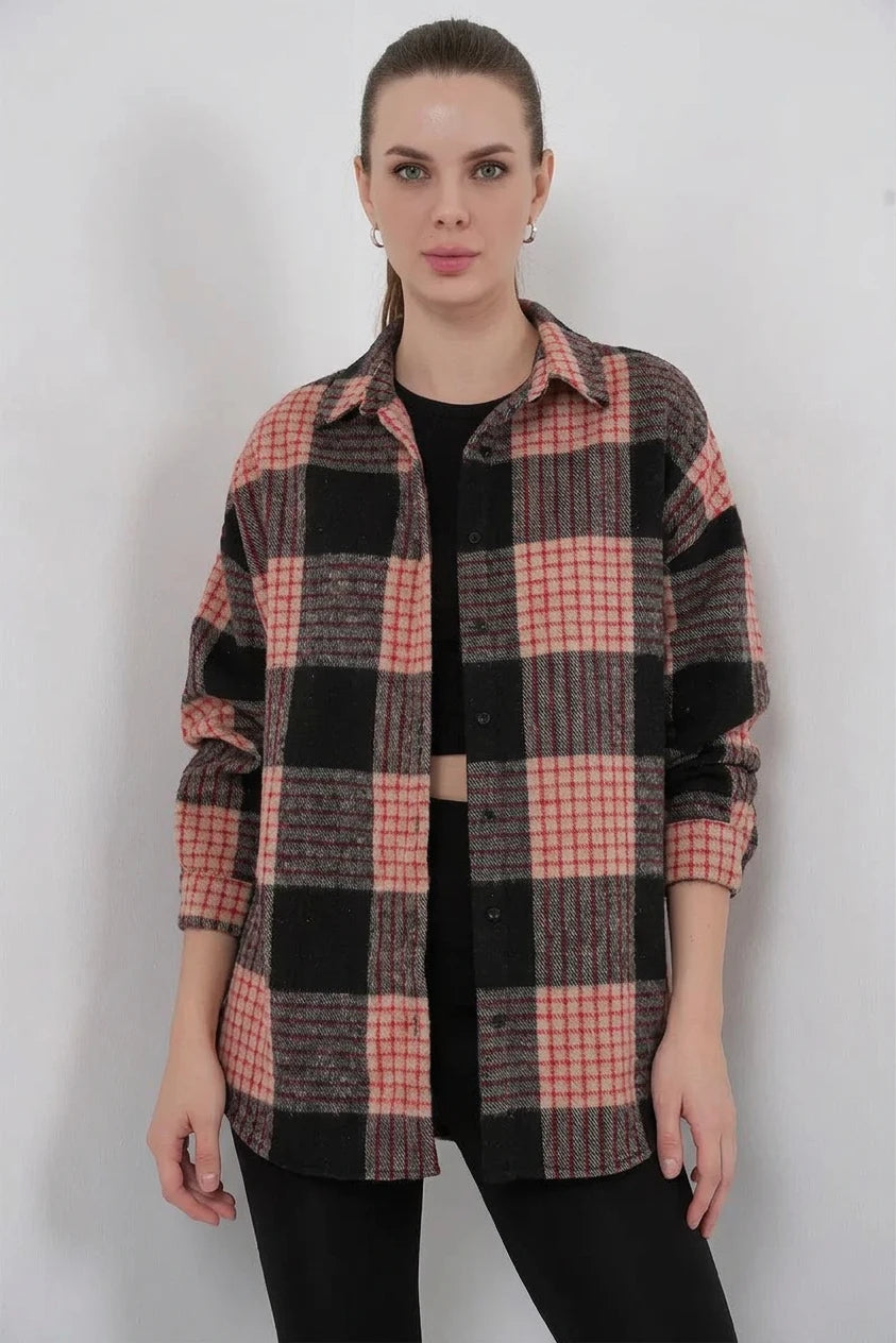 Kadın Oversize Ekose Desenli Pamuklu Gömlek